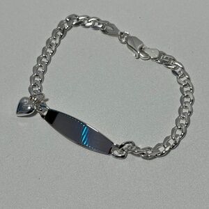 Sterling Silver (925 Italy) Cuban Link Tag Bracelet with Heart Charm
